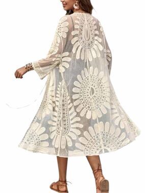 STYLE APPAREL Cream Sheer Embroidered Lace Kimono Duster Cardigan Medium